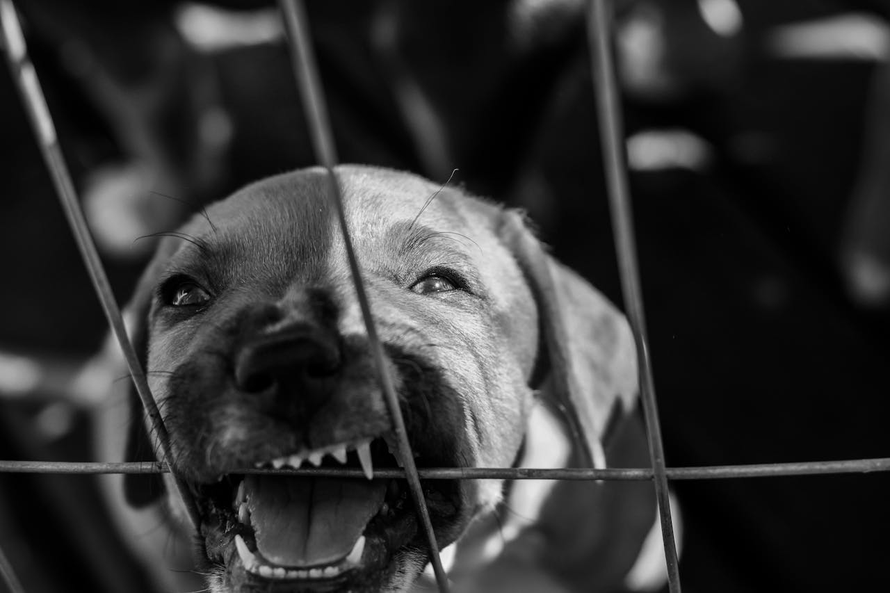 A black and white close-up of a dog showing its teeth behind a cage.
